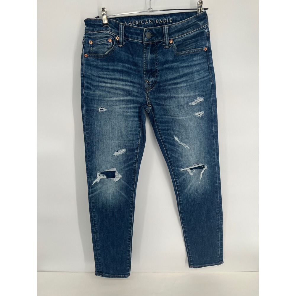 American Eagle Athletic Skinny Distressed Jeans Mens Sz 30x30 Indigo Ripped